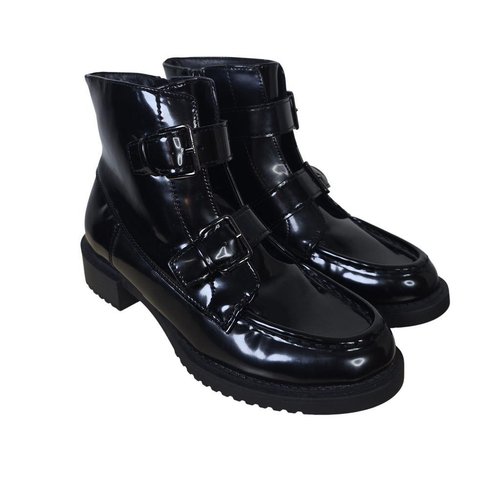 Worthington Mattox Womens Black Patent‎ Double Buckle Lug Sole Moto Boots 7.5M